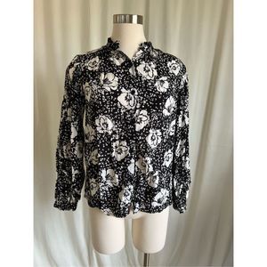 Who What Wear Women's Black/White Lantern Long Sleeve Button-Down Floral Top Siz